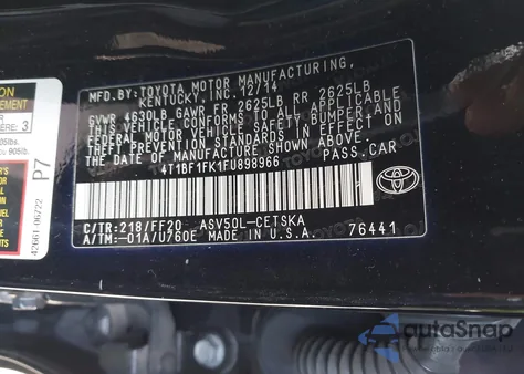 2015 Toyota Camry Se из США, поврежденный, VIN 4T1BF1FK1FU898966